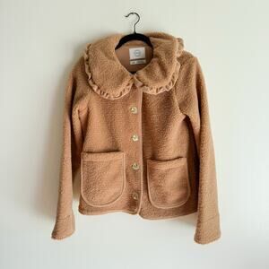 Stoosh Camel Tan Teddy Bear Sherpa Ruffle Collar Billie Button Jacket Large NWT